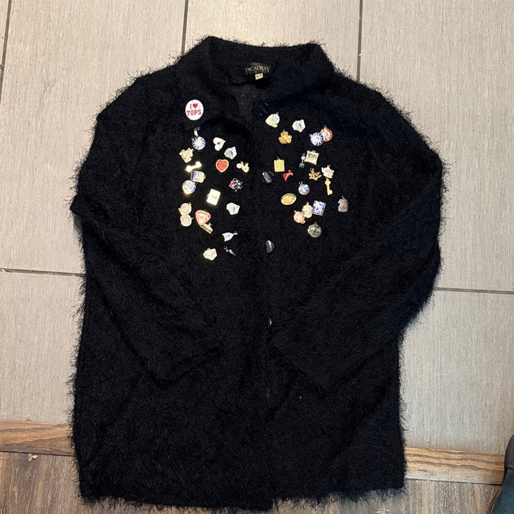 Vintage black  Fuzzy sweater with a ton of pins/pendants